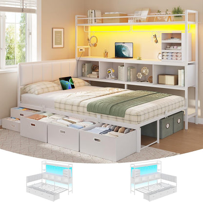 Twin Corner Bed Frame with Tall Storage Bookshelf, 5 Drawers & Power Strips1