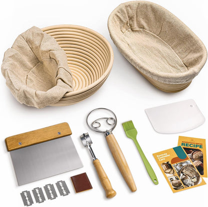 Sourdough Starter Kit with Banneton Bread Proofing Baskets | Complete Sourdough Bread Baking Supplies, Beginner Friendly, 9In round & 10In Oval Rattan Banneton, Sturdy Sour Dough Tool1