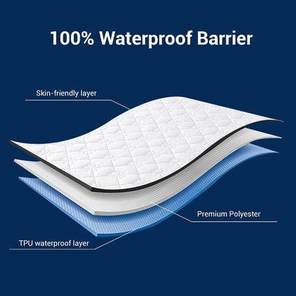 100% Waterproof Mattress Protector Queen Size, Ultra-Soft Breathable Noiseless Mattress Pad with Deep Pocket 6"-18" Depth, Oil & Stain Resistant Bed Wetting Mattress Cover Washable (White)3