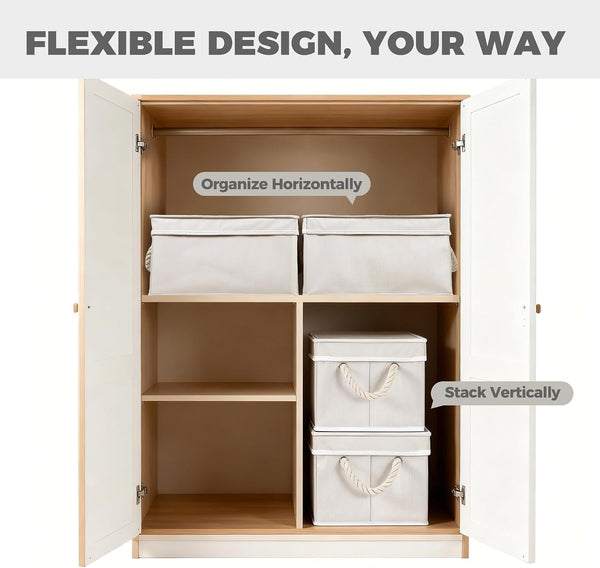Set of 3 Fabric Bins for Organization - Foldable & Stackable with Lid & Rope Handles - Collapsible Fabric Storage Cubes Lightweight & Sturdy Bottom, Space Saving Collapsible Bin, Ivory9