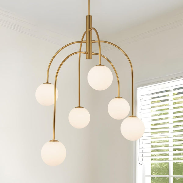 6 Lights Mid Century Modern Chandelier, Milk Glass Globe Chandelier Light Fixture with Gold Metal & White Ball, Large Pendant Lighting Ceiling Hanging for Dining Room Kitchen Island Entryway1