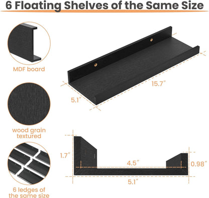 Floating Shelves for Wall Decor and Storage, Black, 6Pcs 15.7'' | Wall Mounted Wood Shelves for Living Room, Bedroom, Bathroom, Kitchen, Office, Laundry Room Display and Organize3
