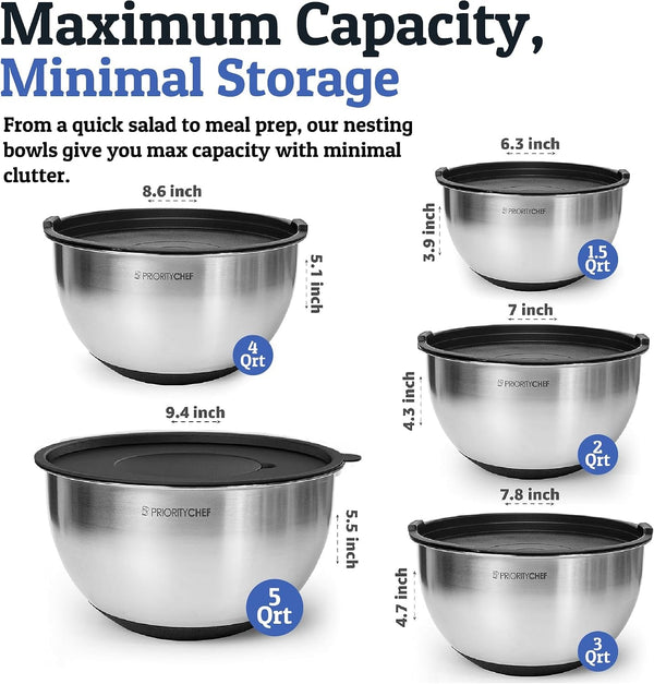 28Pc Stainless Steel Mixing Bowls with Lids Set, 1.5-5 Qt, Black6