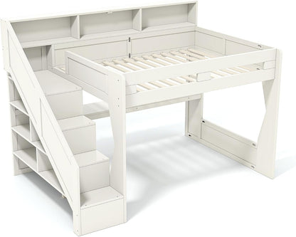 Queen Loft Bed with Storage Stairs and Charging Station, Beige8