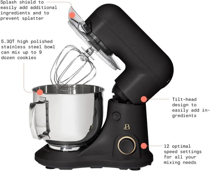 5.3 Qt Stand Mixer, 300W Electric Kitchen Mixer with 12 Speeds, Tilt Head Design, Stainless Steel Bowl, Dough Hook Whisk Beater Splash Guard (Black Sesame)8