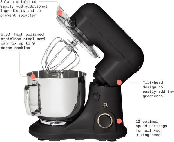 5.3 Qt Stand Mixer, 300W Electric Kitchen Mixer with 12 Speeds, Tilt Head Design, Stainless Steel Bowl, Dough Hook Whisk Beater Splash Guard (Black Sesame)8