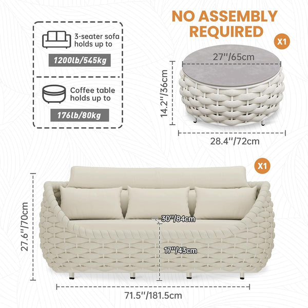 2-Piece Patio Furniture Set: Woven Rope Sofa with Coffee Table, Beige7