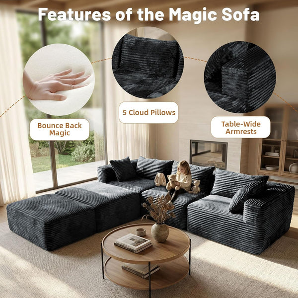 110 Modular Sectional Boneless Sofa with 2 Ottomans, Corduroy U-Shaped Modular Sectional Sofa, Convertible Cloud Couch with Deep Seats, No Assembly Required (Grey, 110" 3Seat+2 0Ttoman)5