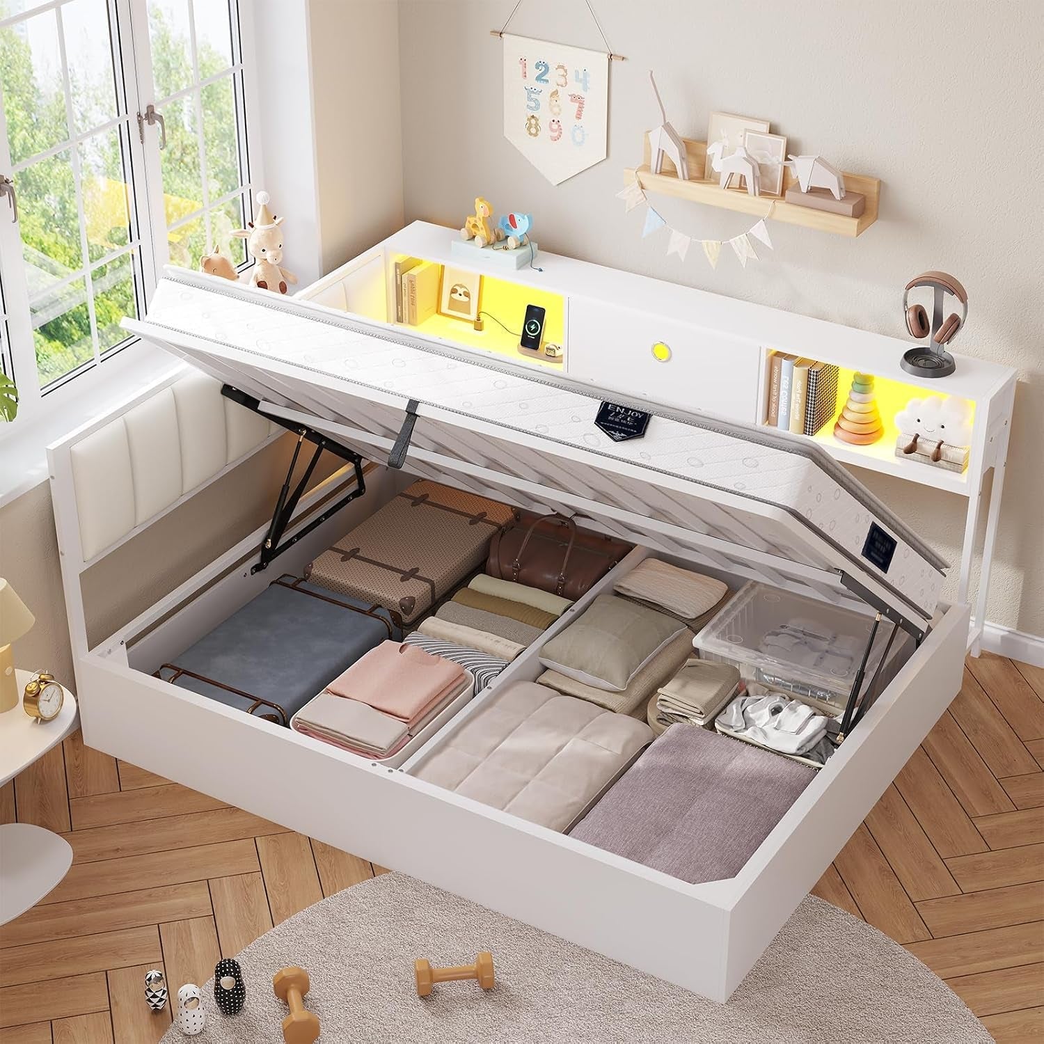 corner-full-lift-up-bed-with-hydraulic-storage-and-bookcase-white