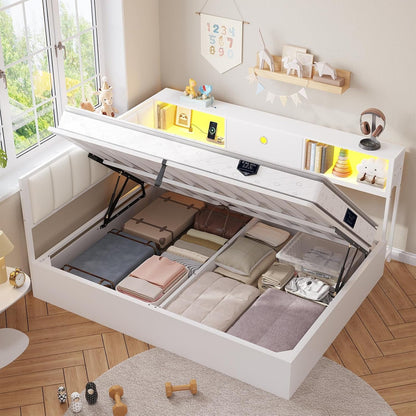 Corner Full Lift up Bed with Hydraulic Storage and Bookcase, White1