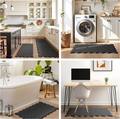 Upgrade Scalloped Kitchen Mats for Floor 2PC, Black Kitchen Rugs | 17.3" X 30"+17.3" X 47", Embossed Depth, Cushioned Comfort, Anti-Fatigue Support, Waterproof, Wipe Clean, Non-Slip Stability9