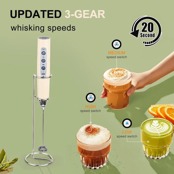Beige Handheld Milk Frother Wand with Stand for Coffee, Rechargeable Electric Whisk with 3 Heads 3 Speeds Drink Mixer Coffee Frother for Latte, Cappuccino, Hot Chocolate, Egg3