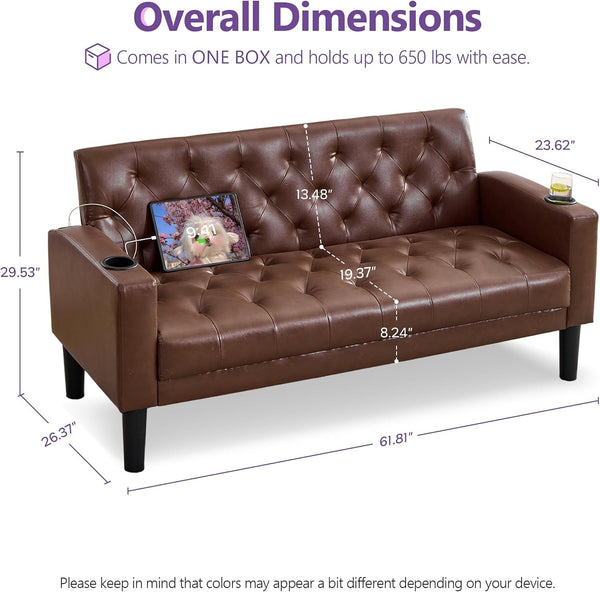 62'' Brown Leather Loveseat, Small Couch with USB for Living Room2