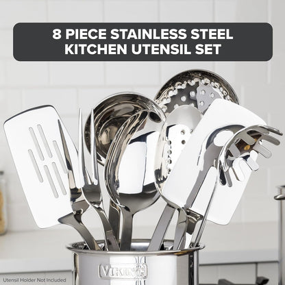 Viking Kitchen Utensils Set, 8 Piece Stainless Steel Cooking Utensil Set, Includes Spatulas, Spoons, Pasta Fork, Deep Ladle, Meat Fork, and Skimmer, Silver2