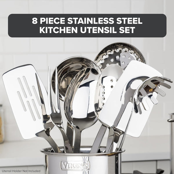 Viking Kitchen Utensils Set, 8 Piece Stainless Steel Cooking Utensil Set, Includes Spatulas, Spoons, Pasta Fork, Deep Ladle, Meat Fork, and Skimmer, Silver2