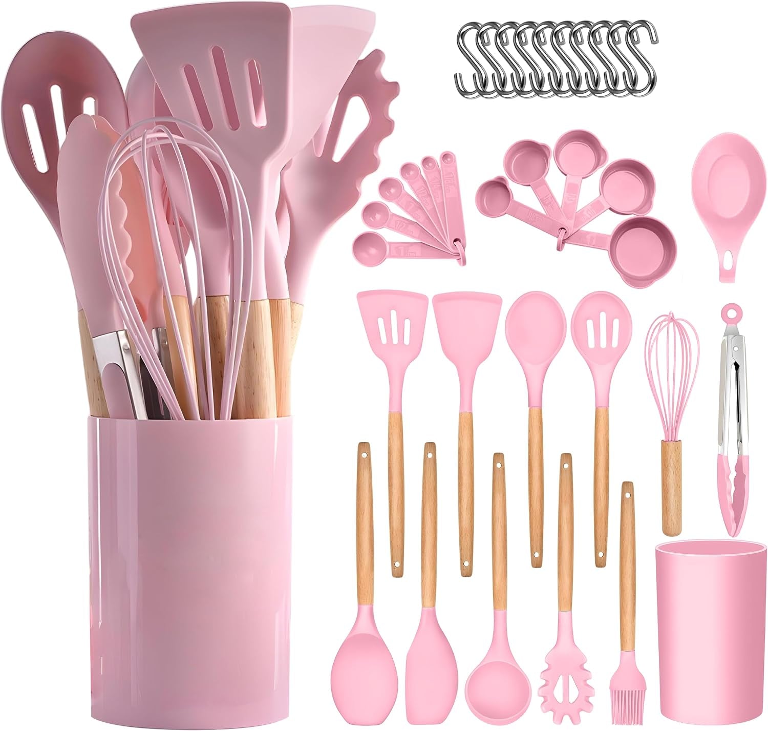 31-piece-pink-silicone-kitchen-utensil-set-with-holder-heat-resistant-non-stick-cooking-tools-wooden-handles-measuring-cups-spoons-hooks-tongs-spatulas