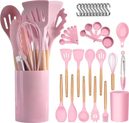 31-Piece Pink Silicone Kitchen Utensil Set with Holder – Heat-Resistant Non-Stick Cooking Tools, Wooden Handles, Measuring Cups & Spoons, Hooks, Tongs, Spatulas1