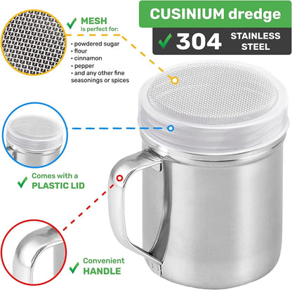 [Set of 3] 10Oz Stainless Steel Dredges with Handle - Fine Mesh + Medium Holes + Large Holes (For Coarse Seasonings)5