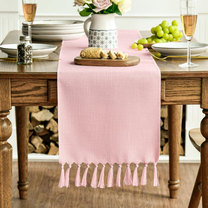 Blush Pink Tassel Table Runner, Linen Blend Rustic Farmhouse Style Kitchen Table Decoration Holiday Wedding Party Dinning Decor 13X48 Inch3