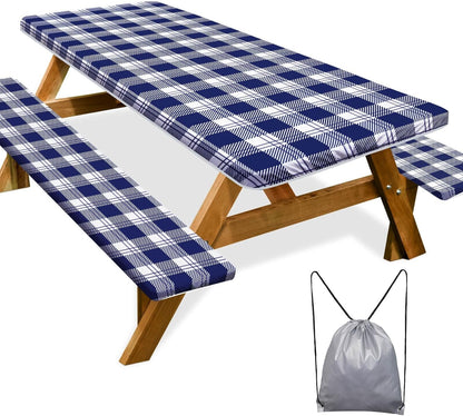 Picnic Table Cover with Bench Covers Camping Essentials Waterproof Windproof Camping Tablecloth with Drawstring Bag, Fitted Rectangle Tables and Seats, 72In, Blue Checkered1