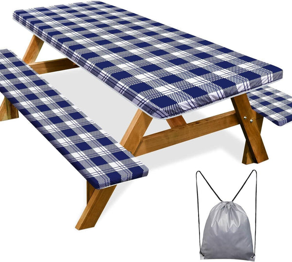 Picnic Table Cover with Bench Covers Camping Essentials Waterproof Windproof Camping Tablecloth with Drawstring Bag, Fitted Rectangle Tables and Seats, 72In, Blue Checkered1