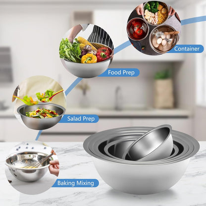 Mixing Bowl Set of 5, Stainless Steel Mixing Bowls, Nesting Whisking Bowl Set for Cooking, Baking, Serving, Food/Salad Prep6