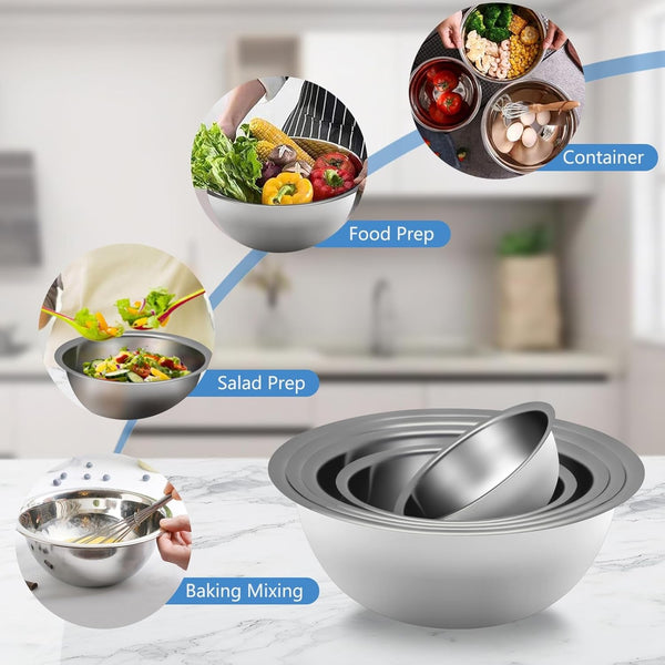Mixing Bowl Set of 5, Stainless Steel Mixing Bowls, Nesting Whisking Bowl Set for Cooking, Baking, Serving, Food/Salad Prep6