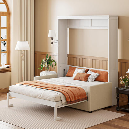 Murphy Bed Full Size Wall Bed with Sofa,Can Be Folded,Multifunctional Wood Hideaway Cabinet Bed Frame,Slat Support,Save Space,For Apartment,Guest Room,White3