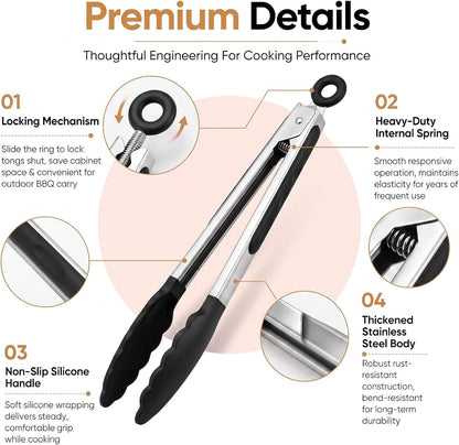 Kitchen Tongs for Cooking, 3 Tongs 7", 9", 12" + Oil Brush, Heat Resistant 600°F, Non-Slip Silicone Tips, Heavy Duty Metal Locking Tongs, Black, Salad, BBQ Grill, Pasta Silicone Tongs, Dishwasher Safe3
