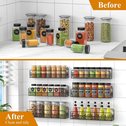 Wall Mounted Spice Rack Organizer, Pantry Door Organizer & Hanging Storage Baskets, Metal Spice Shelf for Kitchen Cabinet, 3 Depth Sizes Hold Large Jars to Nail Polish Bottles, 6 Pack8