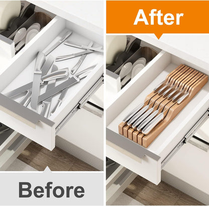 In-Drawer Knife Block Organizer - Bamboo Wood Drawer Knife Organizer-Protecting Knife Organizer Block (Not Included) (Natural, 11 Knives Dock)4