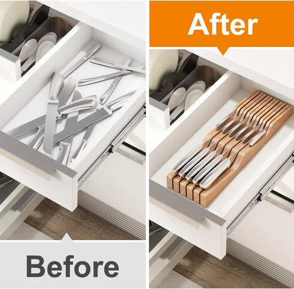 In-Drawer Knife Block Organizer - Bamboo Wood Drawer Knife Organizer-Protecting Knife Organizer Block (Not Included) (Natural, 11 Knives Dock)4