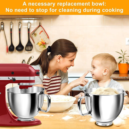 5 Quart Stainless Steel Mixing Bowl with Handle, Compatible with Kitchenaid Tilt-Head Stand Mixers 4.5–5 Qt, Durable Food-Grade Metal Bowl for Baking & Cooking5