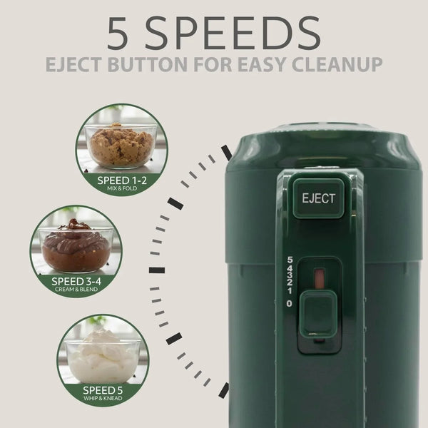 Eco Series Electric Hand Mixer, 5 Speed Ultra Power Handheld Mixer with Stainless Steel Whisks, Beaters & Dough Hooks + Eject Button, 350W Kitchen Mixer with Snap-On Storage Case - GREEN3