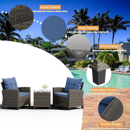 3 Pieces Patio Furniture Set 3 Pieces PE Rattan Wicker Chairs with Table Outdoor Furniture for Backyard/Garden/Poolside/Outdoor Restaurant Gary Rattan with Blue Cushion6