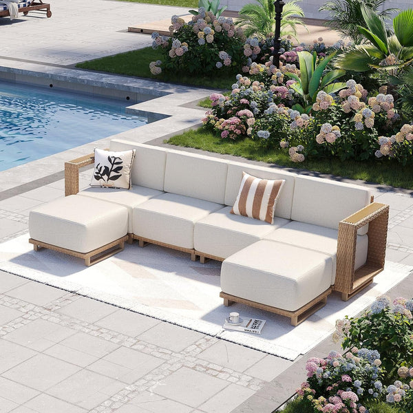 Patio Furniture Set, 6 Piece Outdoor Wicker Sofa, Yellow/Beige2