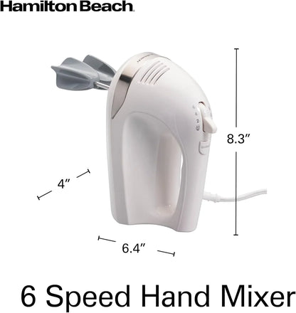 6-Speed Electric Hand Mixer with Easy Clean Beaters | Traditional Beaters | Dough Hooks | Whisk | Snap-On Storage Case | 275 Watt Motor | White | 62636J8