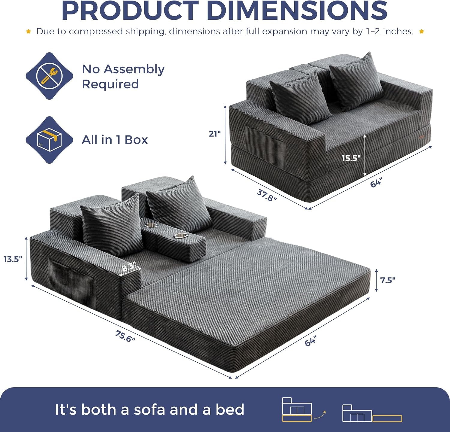 sofa-bed-64-inch-boneless-loveseat-with-2-cup-holders