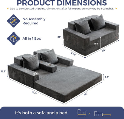 Sofa Bed, 64-Inch Boneless Loveseat with 2 Cup Holders3