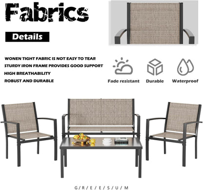 4 Pieces Patio Furniture Set, Outdoor Conversation Sets for Patio, Lawn, Garden, Poolside with a Glass Coffee Table, Brown6