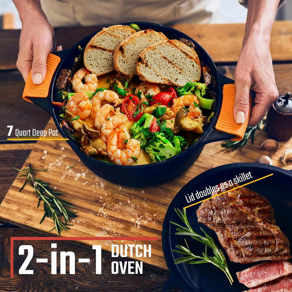 7QT Double Dutch Oven - 2-In-1 Pre-Seasoned Cast Iron Pot & Recipe | Skillet Lid Doubles as Frying Pan, Heavy Duty Cast Iron Pot with Handle Covers, for Sourdough Baking Frying Outdoor Camping2