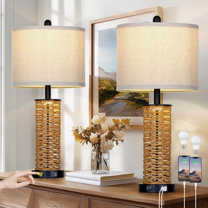 27" Boho Rattan Table Lamps Set of 2, Coastal Bedside Lamp with Night Light, Woven Wicker Bedroom Nightstand Lamps with USB A+C Charging Port, Tall Farmhouse Lamp for Living Room End Table1