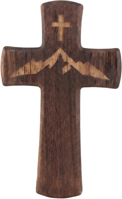 10" Wooden Cross for Wall– Mountain Engraved Christian Wall Decor | Rustic Religious Faith Wall Cross Decor, Handcraft Christian Wall Hanging Cross–Spiritual Gift for Christmas,Easter,Baptism1