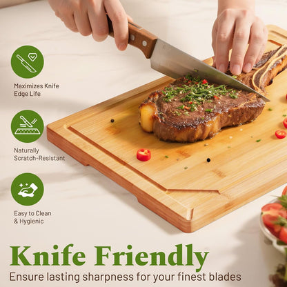 3+1 Piece Self-Draining Bamboo Cutting Boards, Wooden Cutting Boards for Charcuterie, Vegetables, Cheese, Bread, Extra Large Chopping Boards with Deep Juice Groove and Handle, Natural4