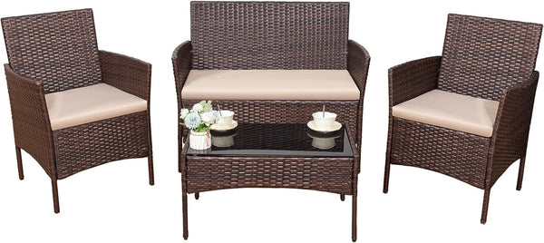 4 Pieces Outdoor Patio Furniture Set, PE Rattan Wicker Chairs(Brown)1