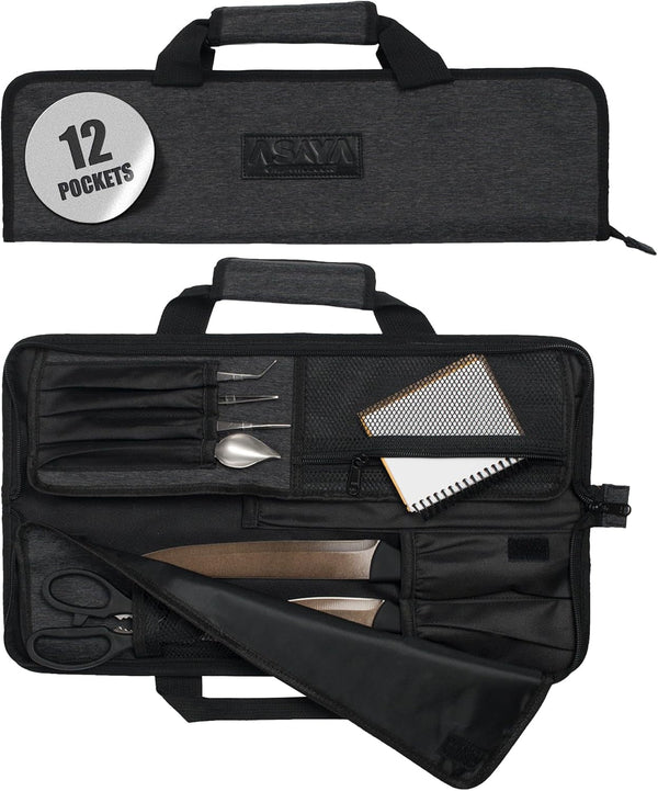Chef Knife Roll Bag - 12-Pocket Chefs Case for Kitchen Knives and Utensils, Lightweight Stain-Resistant Waxed Nylon Chef Knife Bag - Knives Not Included (Black)1