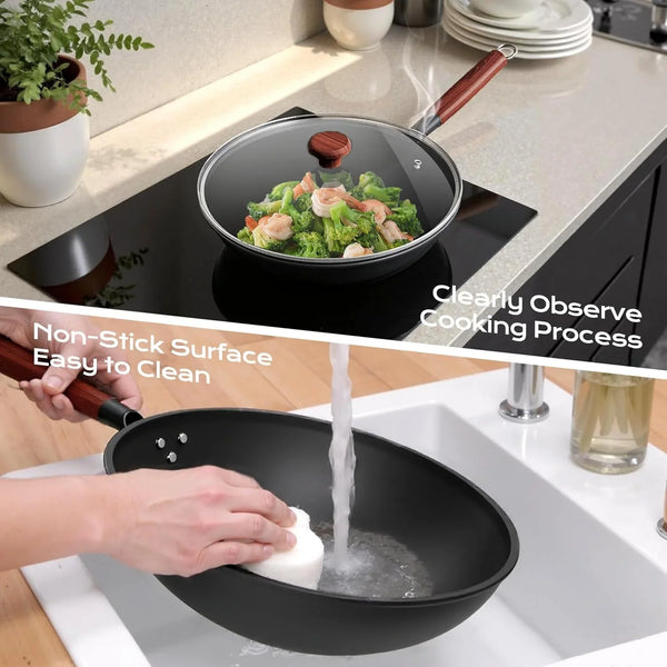 Carbon Steel Wok Pan, Natural Non-Stick Woks & Induction Wok with Removable Wood Handle, Glass Lid & Spatula - for All Stovetops, Stir-Fry, Searing5