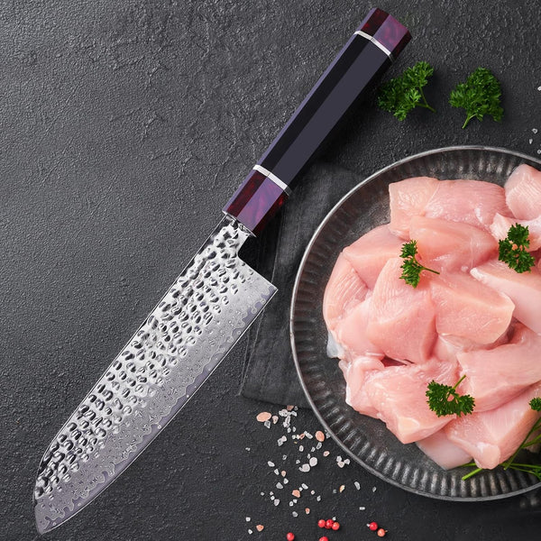 Eternity Series Japanese Santoku Knife with ABS Sheath, Professional Kitchen Knife, 9Cr18Mov Damascus Steel Blade, Resin Octagonal Handle, for Meat, Fruits, Vegetables, 7 Inches6