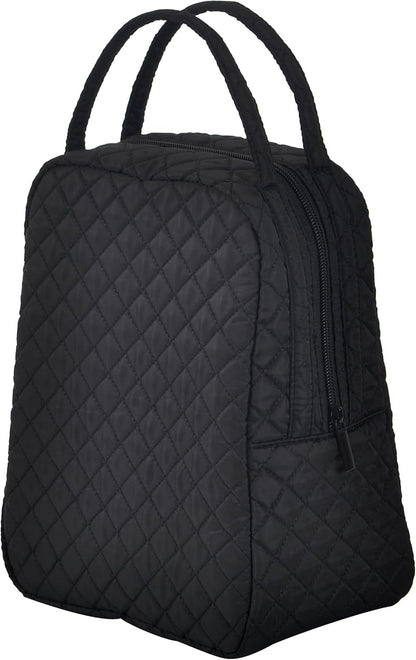 Large Quilted Fabric Cotton Reusable Inusulated Lunch Tote Bag Cooler Snack Bag Women Pretty Thermal Lunch Box Storage Gift Bag for Work & Outdoor (Black)3