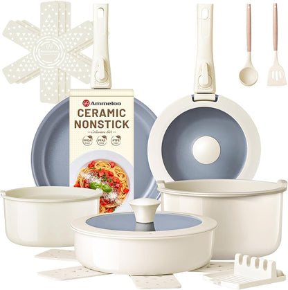 18-Piece Ceramic Pots and Pans Set Non Stick, Non Toxic Cookware Set with Removable Handles, Pot Sets for Cooking, Induction Ready, Dishwasher & Oven Safe, PFAS PFOA & PTFE Free (Cream White)1